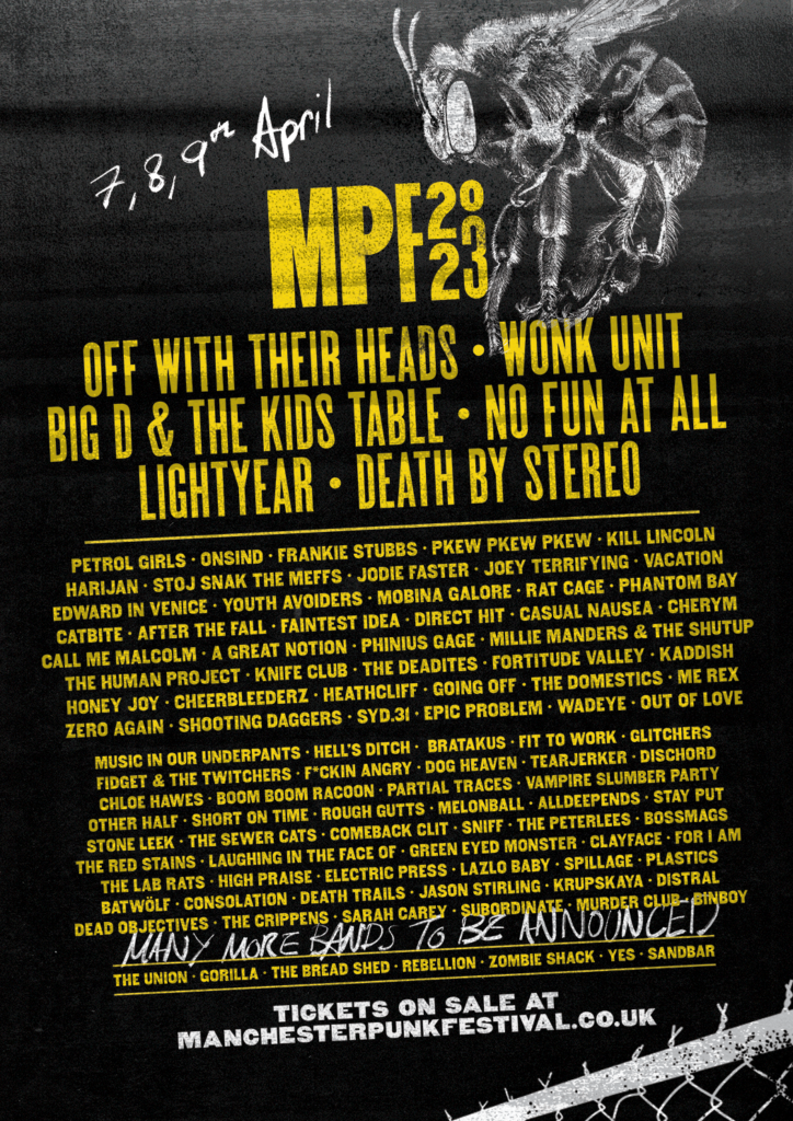 The MPF2023 line-up poster. Bands that appear on the first and second announcement for Manchester Punk Festival 2023.